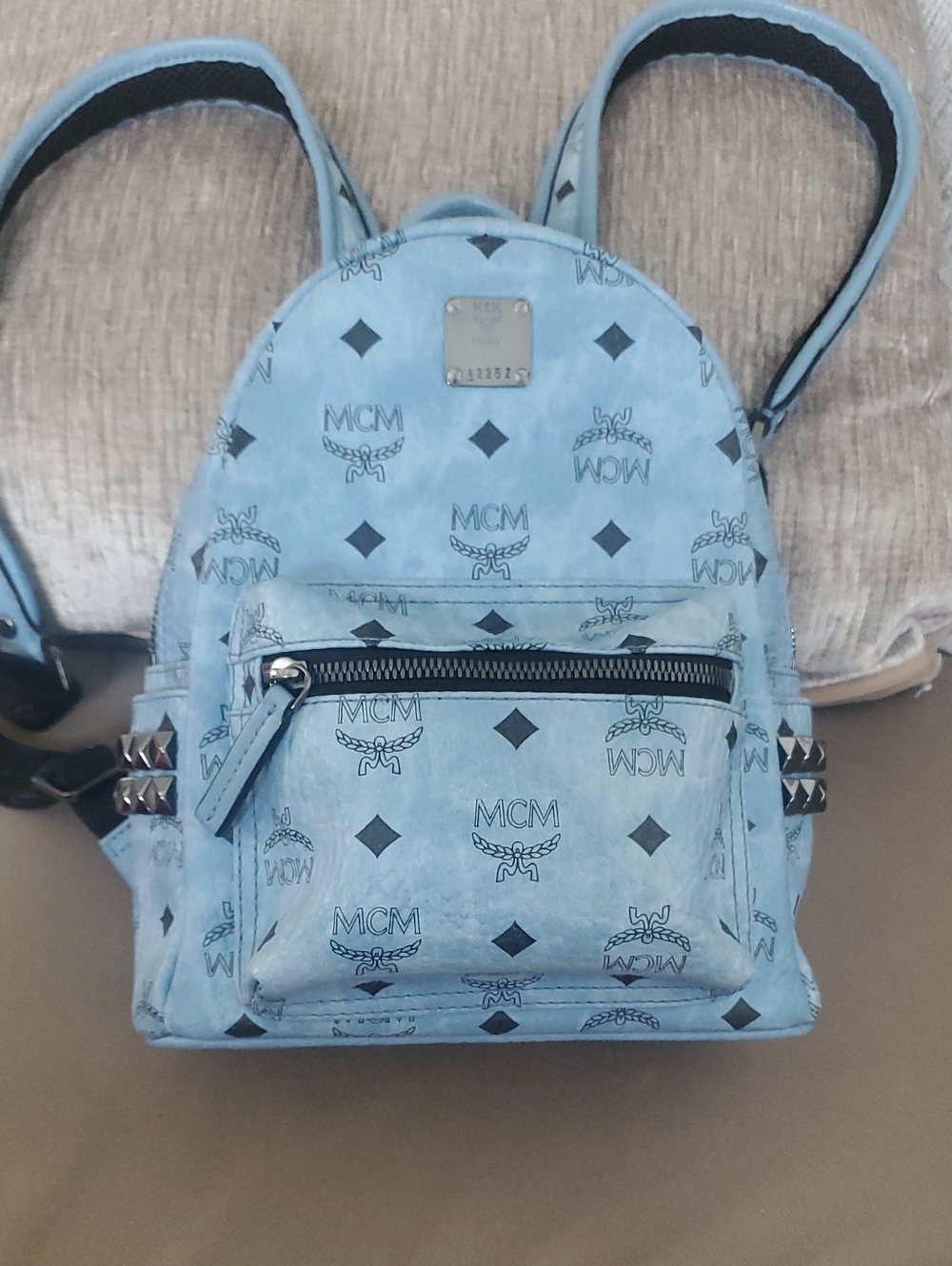 MCM Light Blue Visetos Mini Backpack with Stud Accents